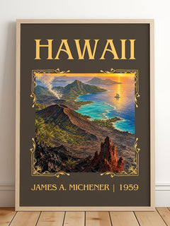 Hawaii Classic Book Art Print by James A. Michener – framed print leaning on a wooden floor