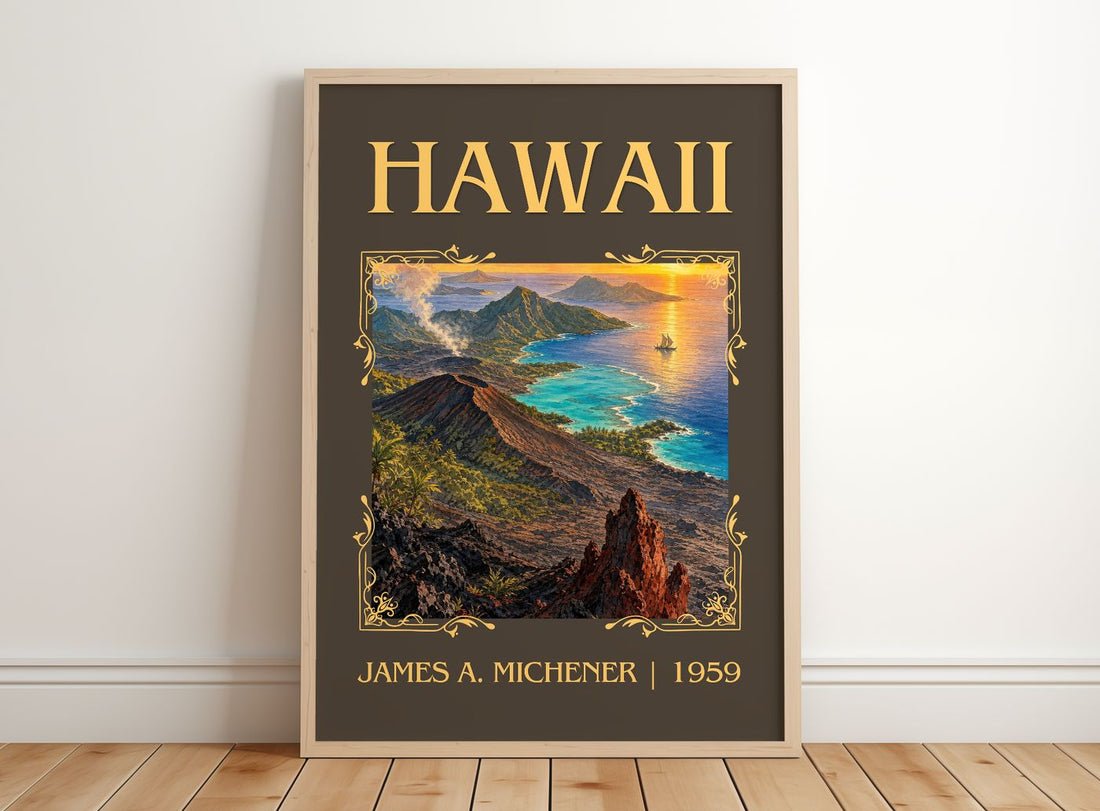 Hawaii Classic Book Art Print by James A. Michener – framed print leaning on a wooden floor