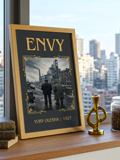 Envy Classic Book Art Print by Yury Olesha – framed print on a city-view windowsill