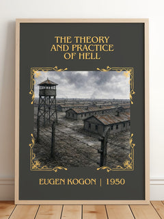 The Theory And Practice Of Hell Classic Book Art Print by Eugen Kogon – framed print leaning on a wooden floor