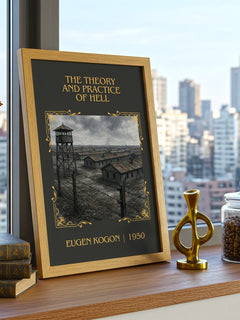 The Theory And Practice Of Hell Classic Book Art Print by Eugen Kogon – framed print on a city-view windowsill