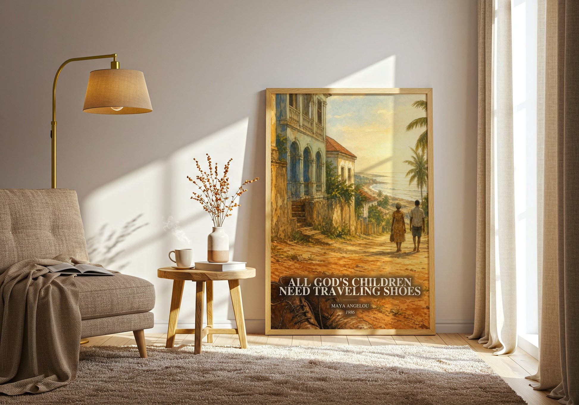 All God'S Children Need Traveling Shoes watercolour print in frame leaning in hallway – memoir wall art