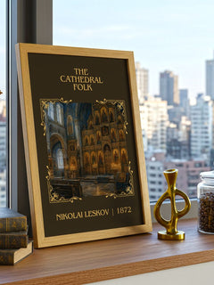 The Cathedral Folk Classic Book Art Print by Nikolai Leskov – framed print on a city-view windowsill