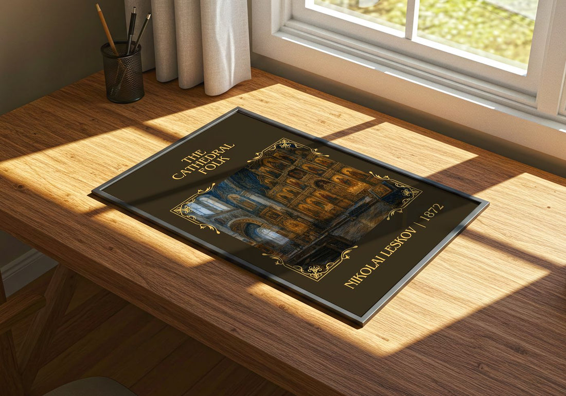 The Cathedral Folk Classic Book Art Print by Nikolai Leskov – print on a sunlit desk