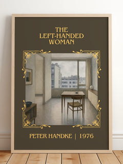 The Left-Handed Woman Classic Book Art Print by Peter Handke – framed print leaning on a wooden floor