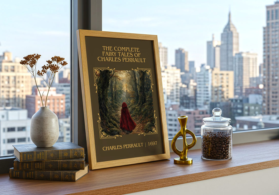 The Complete Fairy Tales of Charles Perrault Classic Book Art Print by Charles Perrault – framed print on a city-view windowsill