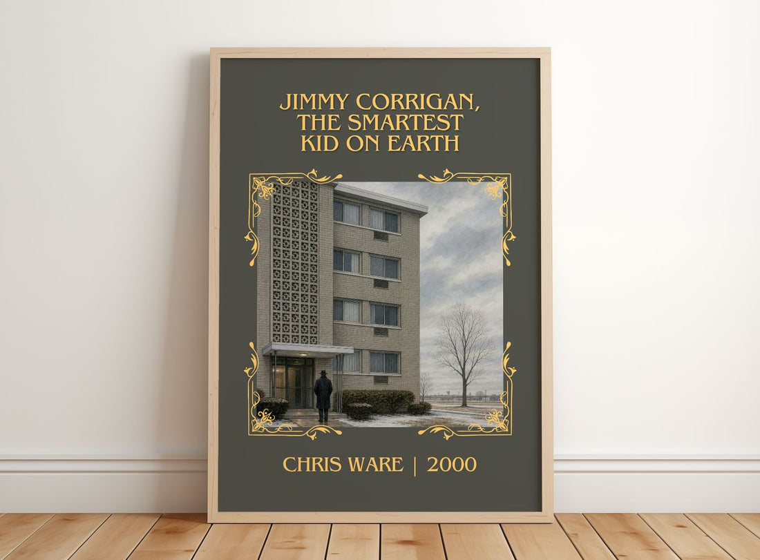 Jimmy Corrigan, the Smartest Kid on Earth Classic Book Art Print by Chris Ware – framed print leaning on a wooden floor