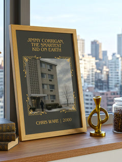 Jimmy Corrigan, the Smartest Kid on Earth Classic Book Art Print by Chris Ware – framed print on a city-view windowsill