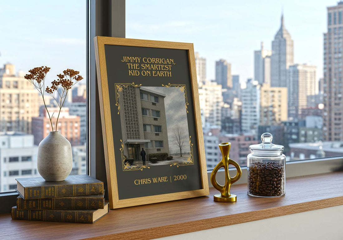 Jimmy Corrigan, the Smartest Kid on Earth Classic Book Art Print by Chris Ware – framed print on a city-view windowsill