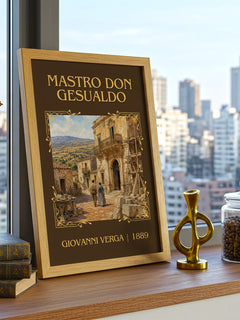 Mastro Don Gesualdo Classic Book Art Print by Giovanni Verga – framed print on a city-view windowsill