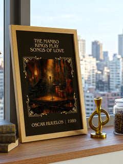 Mambo Kings Play Songs of Love Classic Book Art Print by O. Hijuelos – framed print on a city-view windowsill