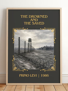 The Drowned and the Saved Classic Book Art Print by Primo Levi – framed print leaning on a wooden floor