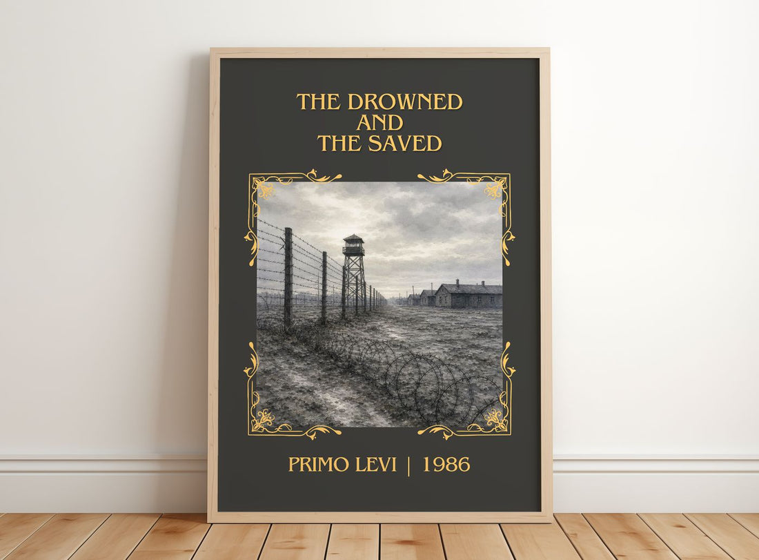 The Drowned and the Saved Classic Book Art Print by Primo Levi – framed print leaning on a wooden floor