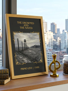 The Drowned and the Saved Classic Book Art Print by Primo Levi – framed print on a city-view windowsill