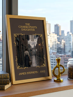 The Charwoman's Daughter Classic Book Art Print by James Stephens – framed print on a city-view windowsill
