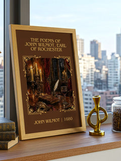 The Poems Of John Wilmot, Earl Of Rochester Classic Book Art Print by John Wilmot – framed print on a city-view windowsill