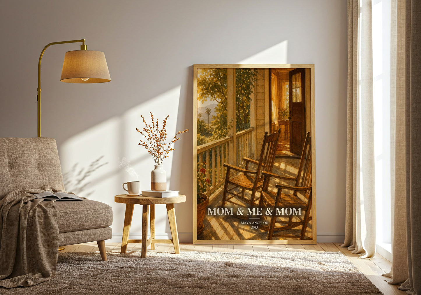 Mom & Me & Mom watercolour print in frame leaning in hallway – memoir wall art