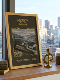 A Sorrow Beyond Dreams Classic Book Art Print by Peter Handke – framed print on a city-view windowsill