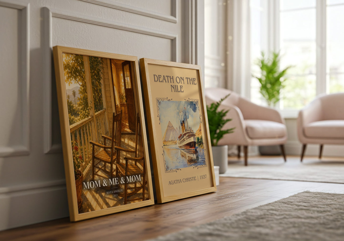 Mom & Me & Mom watercolour print framed by window – literary home decor