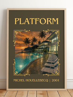 Platform Classic Book Art Print by Michel Houellebecq – framed print leaning on a wooden floor