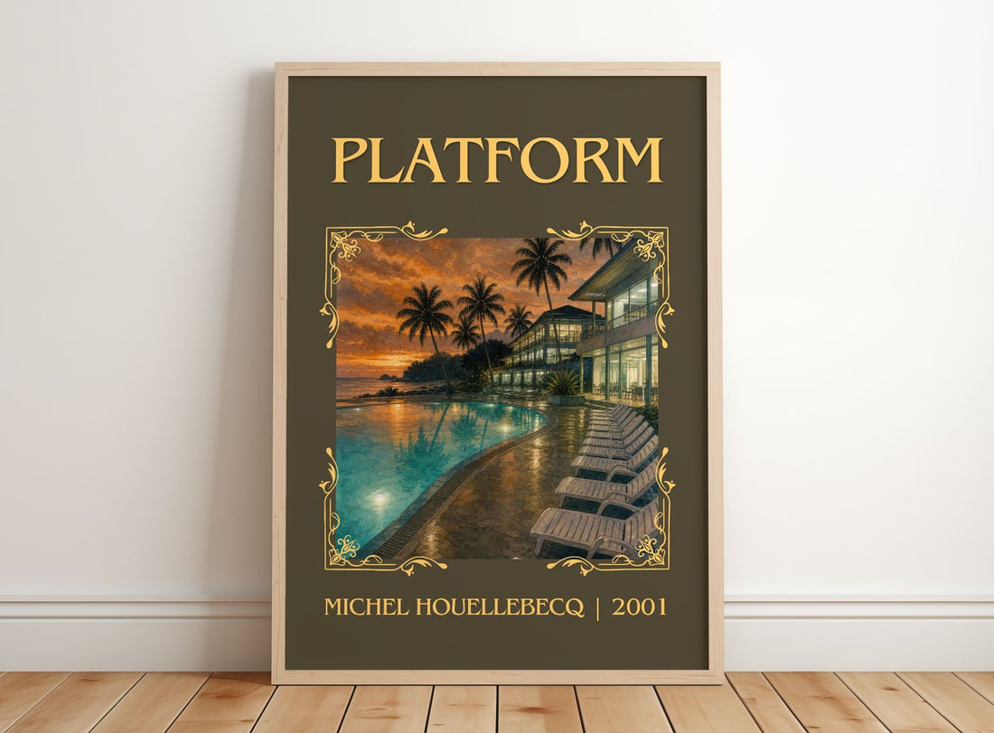 Platform Classic Book Art Print by Michel Houellebecq – framed print leaning on a wooden floor