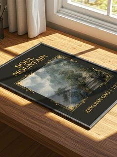 Soul Mountain Classic Book Art Print by Xingjian Gao – print on a sunlit desk
