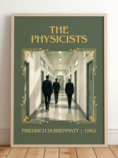 The Physicists Classic Book Art Print by Friedrich Dürrenmatt – framed print leaning on a wooden floor
