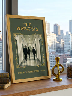 The Physicists Classic Book Art Print by Friedrich Dürrenmatt – framed print on a city-view windowsill