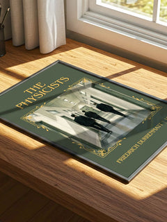 The Physicists Classic Book Art Print by Friedrich Dürrenmatt – print on a sunlit desk