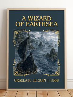 A Wizard Of Earthsea Classic Book Art Print by Ursula K. Le Guin – framed print leaning on a wooden floor