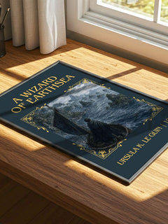 A Wizard Of Earthsea Classic Book Art Print by Ursula K. Le Guin – print on a sunlit desk
