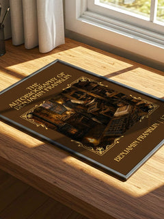 The Autobiography of Benjamin Franklin Classic Book Art Print by Benjamin Franklin – print on a sunlit desk
