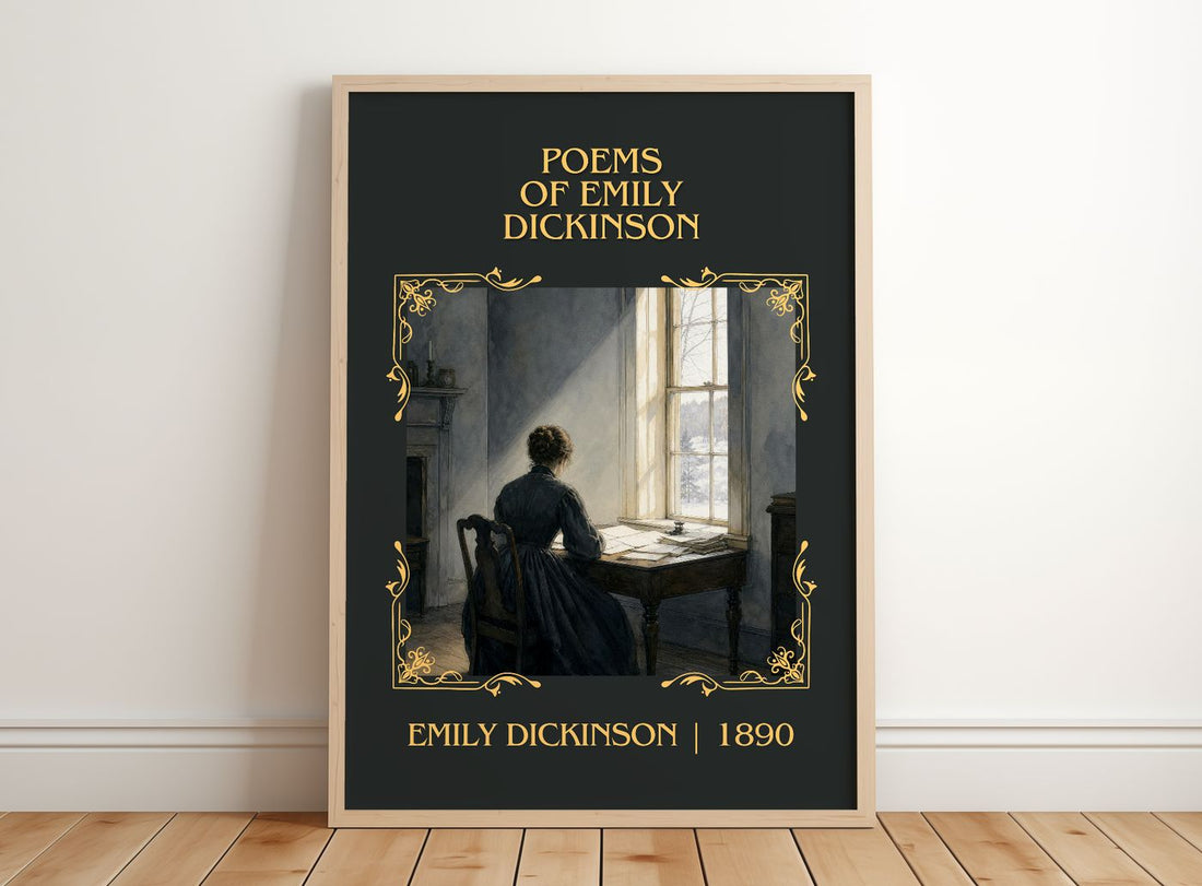 Poems of Emily Dickinson Classic Book Art Print by Emily Dickinson – framed print leaning on a wooden floor