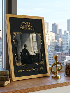 Poems of Emily Dickinson Classic Book Art Print by Emily Dickinson – framed print on a city-view windowsill