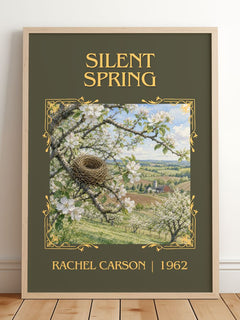 Silent Spring Classic Book Art Print by Rachel Carson – framed print leaning on a wooden floor