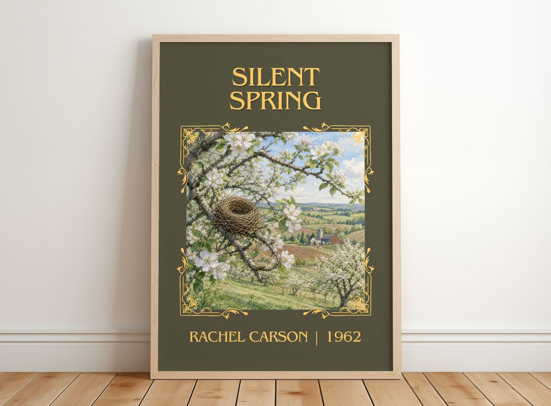 Silent Spring Classic Book Art Print by Rachel Carson – framed print leaning on a wooden floor