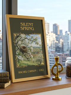 Silent Spring Classic Book Art Print by Rachel Carson – framed print on a city-view windowsill