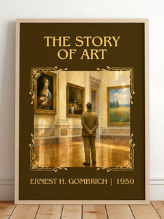 The Story of Art Classic Book Art Print by Ernest H. Gombrich – framed print leaning on a wooden floor