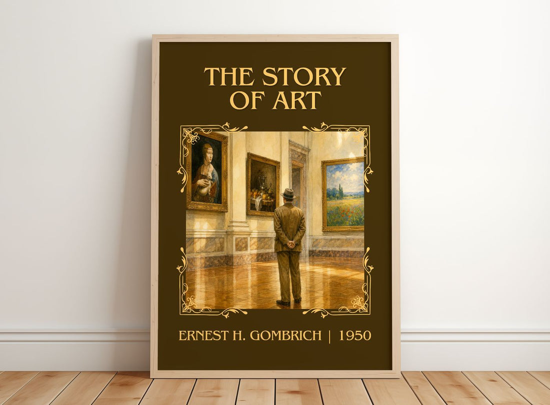 The Story of Art Classic Book Art Print by Ernest H. Gombrich – framed print leaning on a wooden floor