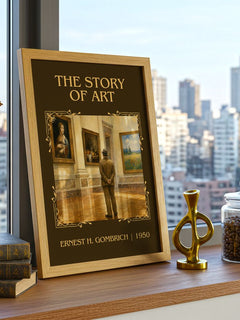 The Story of Art Classic Book Art Print by Ernest H. Gombrich – framed print on a city-view windowsill