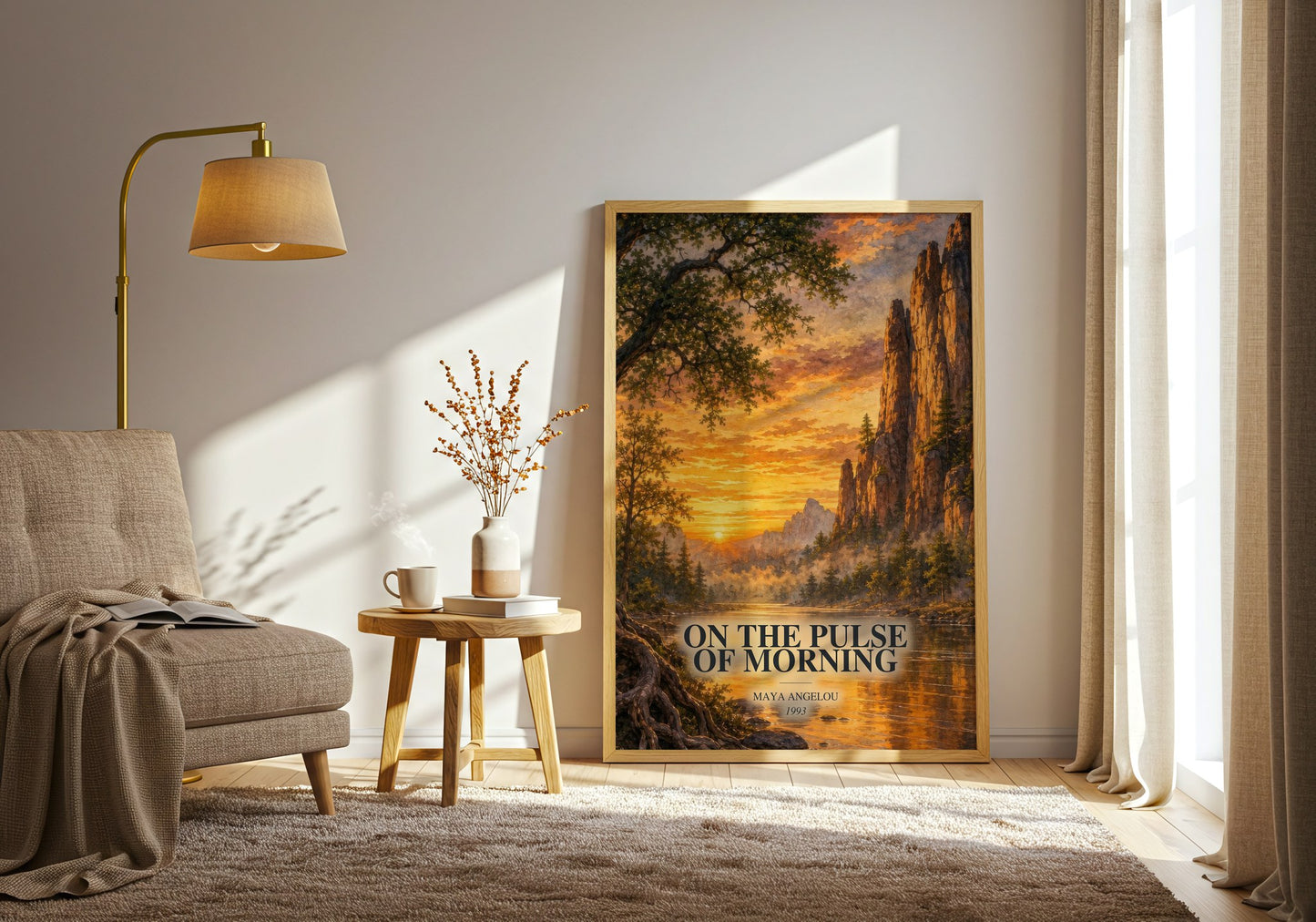 On The Pulse Of Morning watercolour print in frame leaning in hallway – poetry wall art