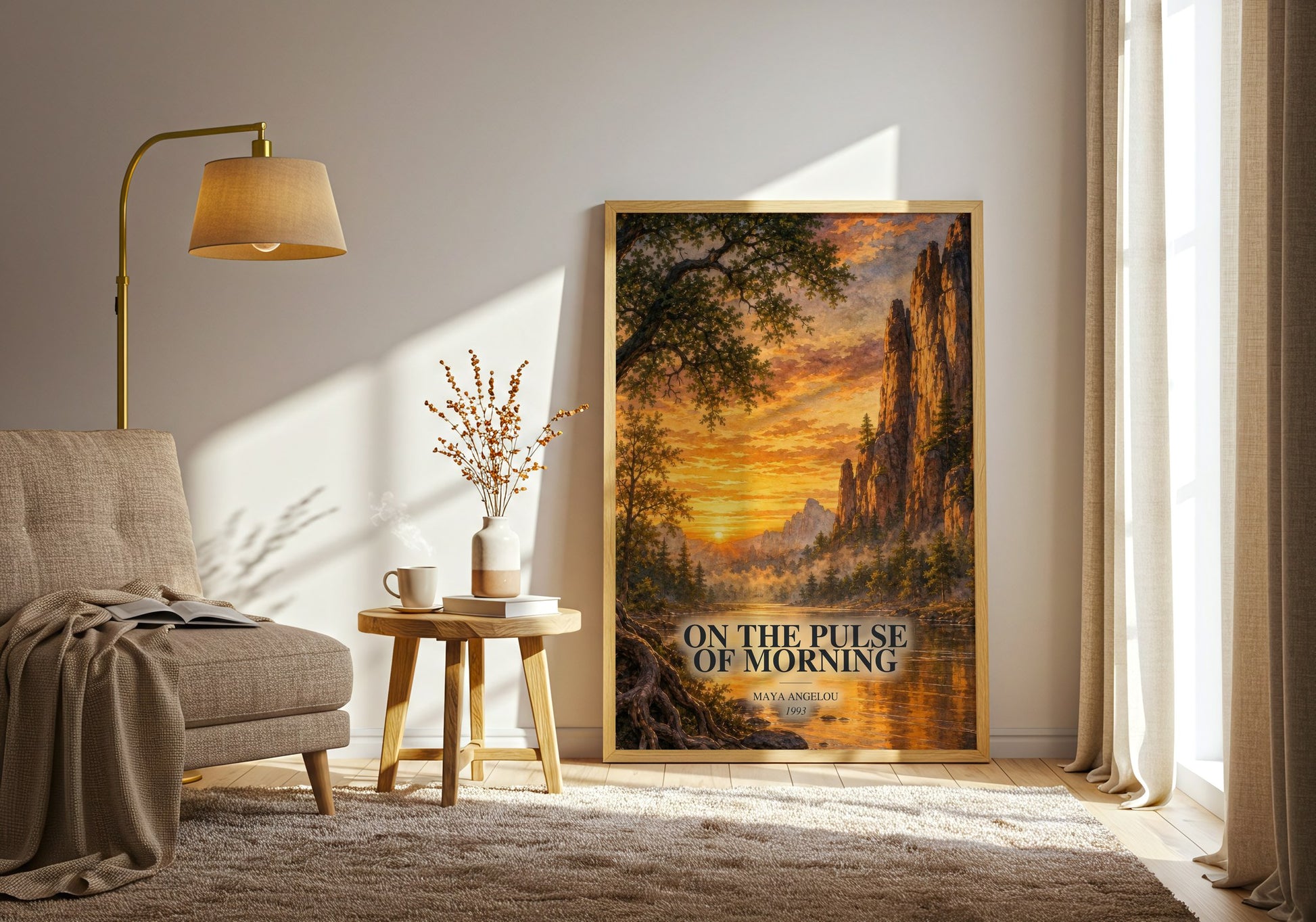 On The Pulse Of Morning watercolour print in frame leaning in hallway – poetry wall art