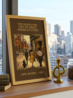 The Death and Life of Great American Cities Classic Book Art Print by Jane Jacobs – framed print on a city-view windowsill