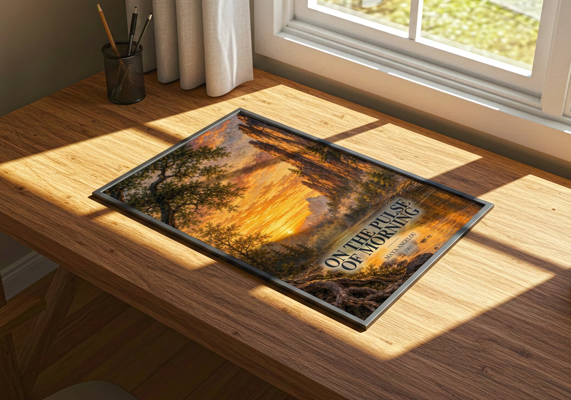 On The Pulse Of Morning watercolour book poster framed on wall – poetry wall art