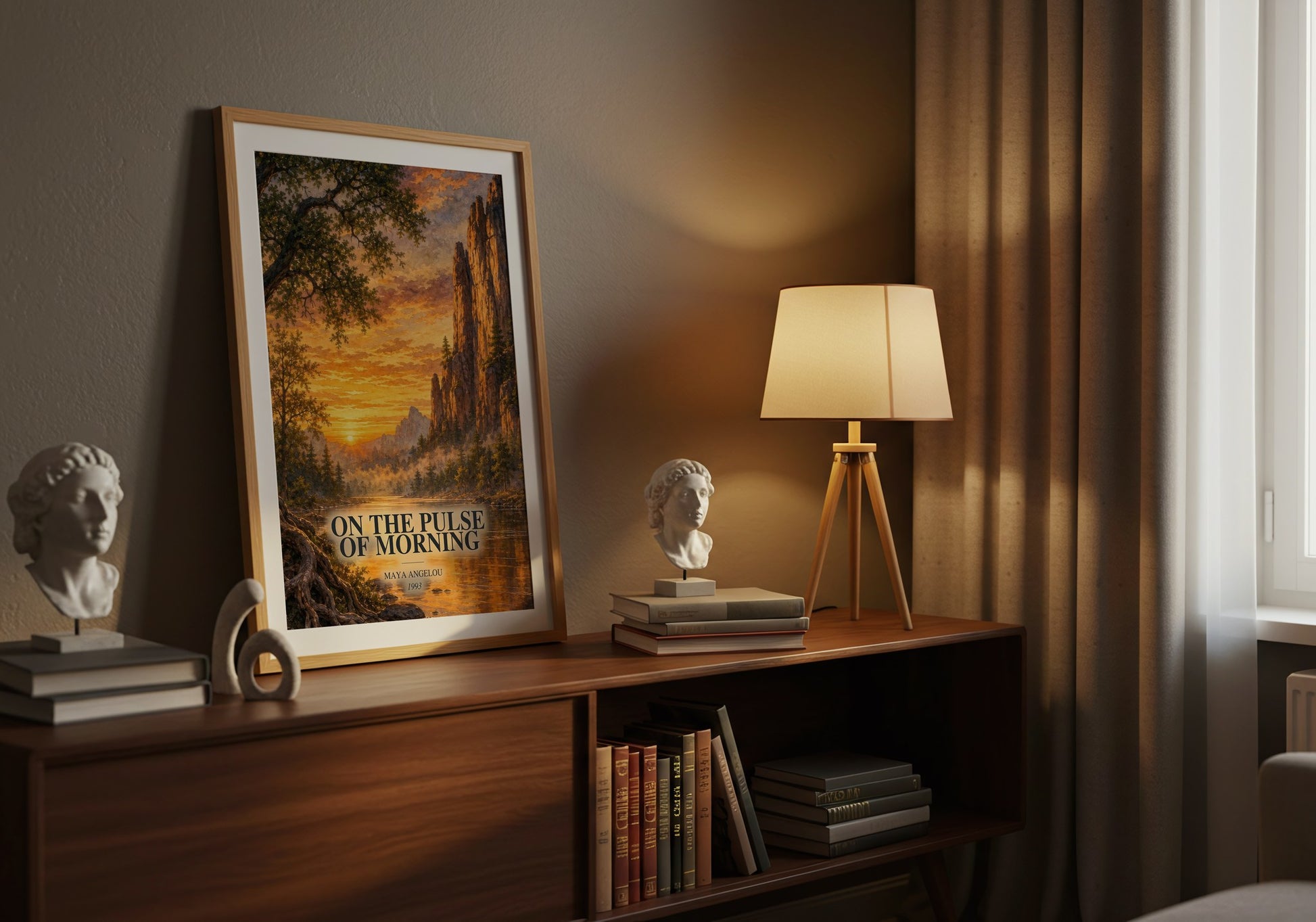 On The Pulse Of Morning watercolour print on bookshelf – Maya Angelou fan gift