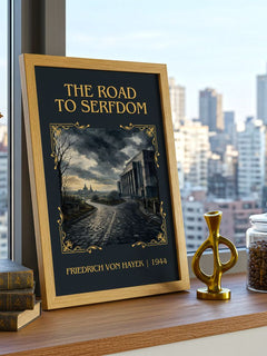 The Road to Serfdom Classic Book Art Print by Friedrich von Hayek – framed print on a city-view windowsill