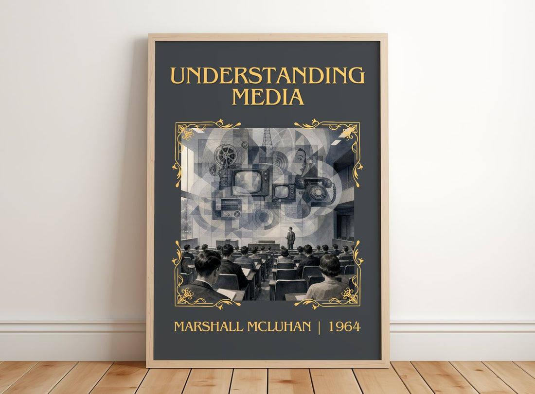 Understanding Media Classic Book Art Print by Marshall McLuhan – framed print leaning on a wooden floor