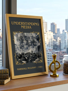 Understanding Media Classic Book Art Print by Marshall McLuhan – framed print on a city-view windowsill