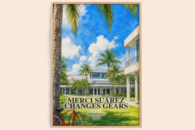 Merci Suárez Changes Gears watercolour book poster by Meg Medina – framed literary art print