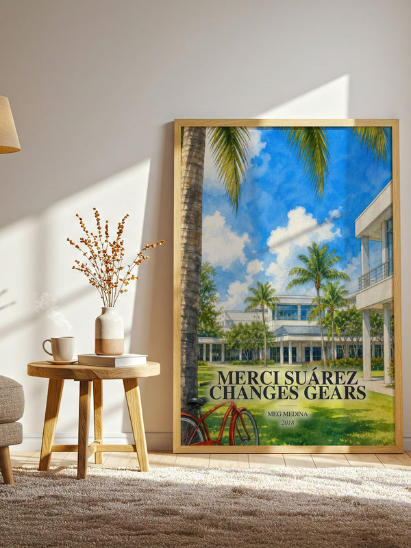 Merci Suárez Changes Gears watercolour print in frame leaning in hallway – childrens wall art